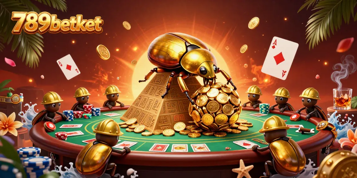 Experience vibrant gaming action with 789betket as golden beetles roll massive coin balls in a dynamic casino scene.