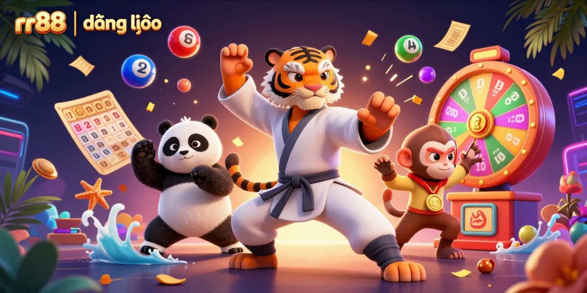 Experience the thrill with rr88 | đăng nhập using vibrant lottery elements and a playful scene.